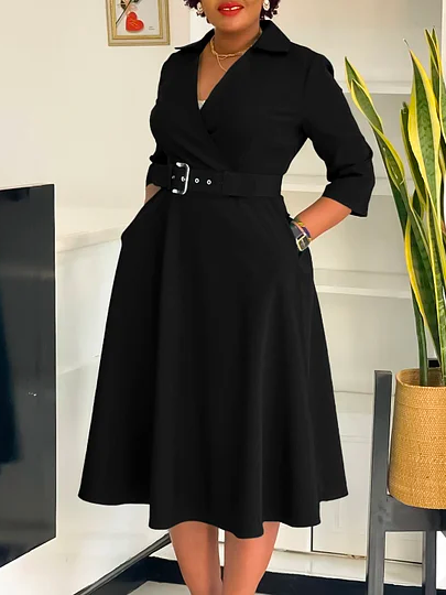 

V Neck Regular Sleeve Elegant Shirt Dress With Belt, Black, Midi Dresses
