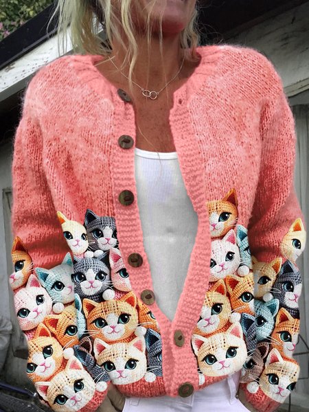 

Vintage Cat Art Button Knitted Sweater, Pink, Cardigans
