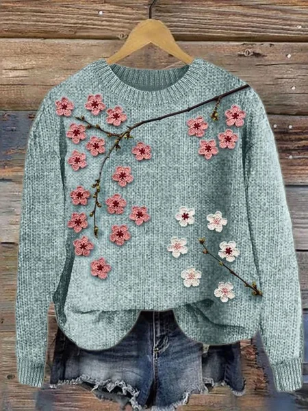 

Cherry Blossom Crochet Art Cozy Knit Sweater, Sky blue, Sweaters