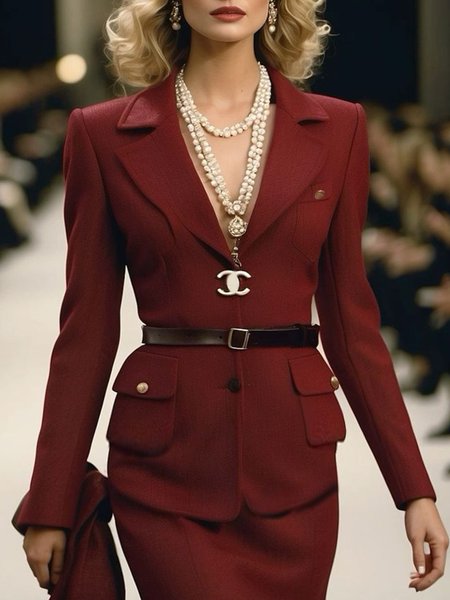

Plain Lapel Collar Regular Sleeve Regular Fit Urban Blazer With No Belt, Red, Blazers