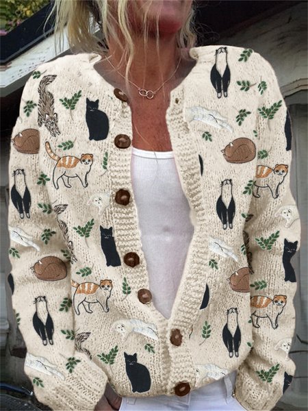 

Cute cat leaf button knit cardigan, Apricot, Cardigans