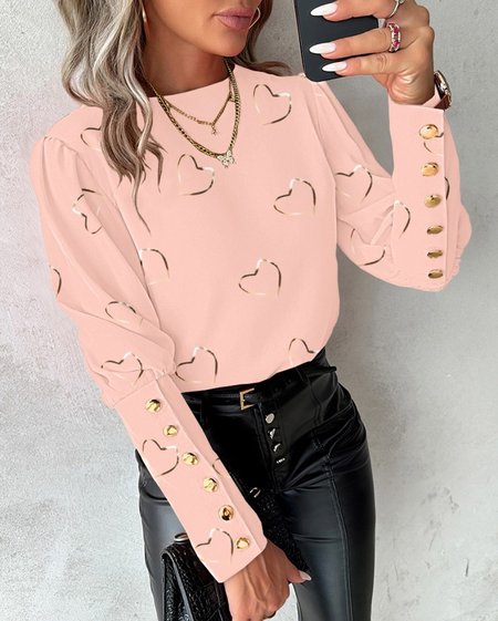 

Crew Neck Long Sleeve Heart/Cordate Regular Micro-Elasticity Loose Blouse For Women, Pink, Blouses