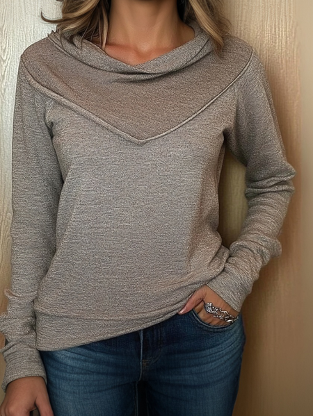 

Women Plain Mock Neck Linen Long Sleeve T-shirt, Oatmeal, Long Sleeves