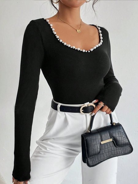 

Urban Plain Pearls Beaded Sweetheart Neck Ribbed T-Shirt, Black, Tees