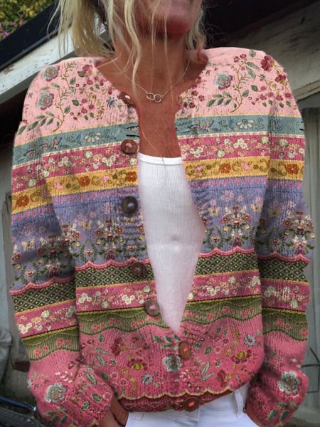 

Vintage Tribal Floral Art Print Cozy Button Sweater, Pink, Cardigans