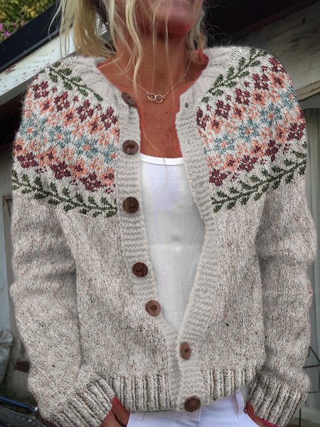 Women Knitted Plants Long Sleeve Comfy Casual Cardigan, Light gray, Cardigans