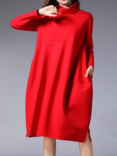 

Regular Sleeve Casual Turtleneck Loose Dress, Red, Midi Dresses