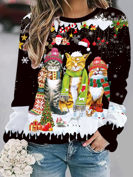 

Casual Crew Neck Christmas Sweatshirt, Black, Hoodies & Sweatshirts