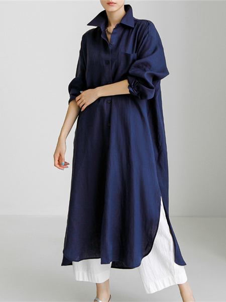 

Women's Long Sleeve Spring/Fall Plain Lace Dress Shawl Collar Daily Going Out Casual Maxi H-Line, Navyblue, Dresses