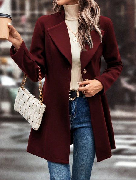 Loose Shawl Collar Casual Plain Jacket, Wine red, Outerwear
