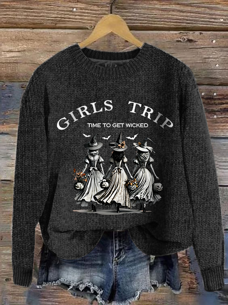 

Women's Funny Halloween Witch Girls Trip Time To Get Wicked Knitted Casual Loose Sweater, Black, Sweaters