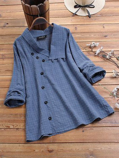 Linen Cotton And Linen Loose Plaid Shirt, Blue, Long/Full Length Sleeve