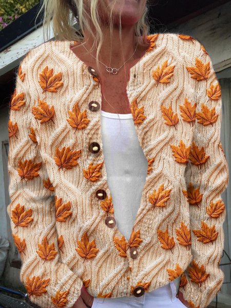 

Maple Leaf Art Button Knitted Cardigan, Orange, Cardigans