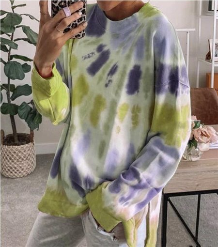 

Crew Neck Long Sleeve Ombre Regular Micro-Elasticity Loose Blouse For Women, Green, T-shirts