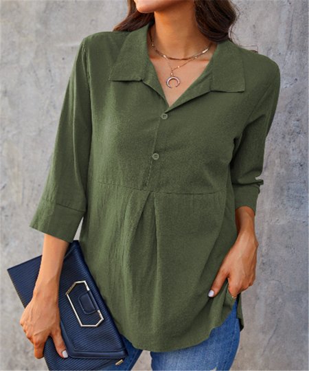 

Shawl Collar Casual Plain Blouse, Army green, Blouses & Shirts