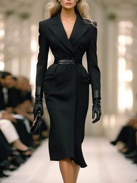 

Lapel Collar Plain Elegant Dress With No Belt, Black, Midi Dresses