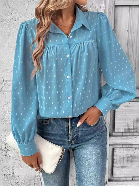 

Shirt Collar Long Sleeve Plain Regular Loose Shirt For Women, Blue, Shirts