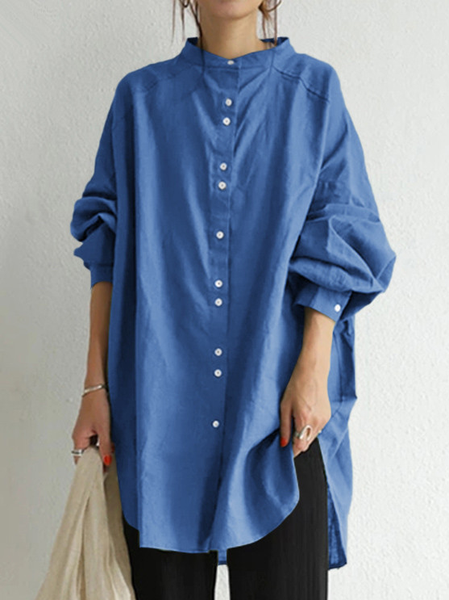 

Shirt Collar Long Sleeve Plain Regular Loose Shirt For Women, Blue, Shirts