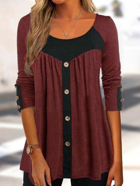 

Crew Neck Long Sleeve Color Block Regular Micro-Elasticity Loose Blouse For Women, Wine red, Blouses