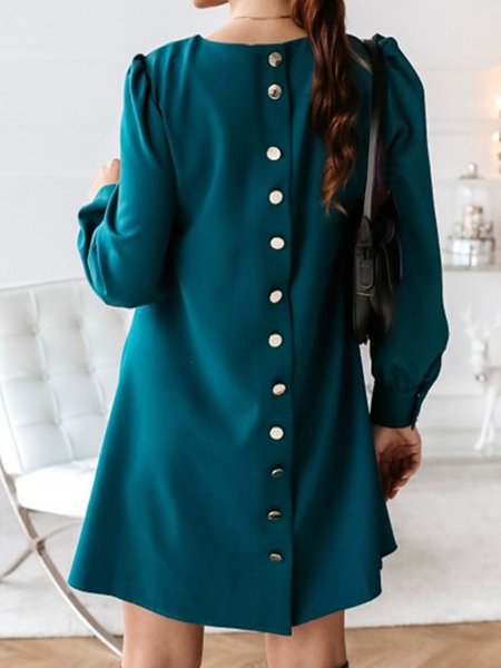 Women Plain Crew Neck Long Sleeve Comfy Casual Buckle Mini Dress, Green, Dresses