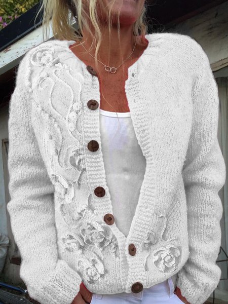 

Women Knitted Plants Long Sleeve Comfy Casual Cardigan, White, Cardigans