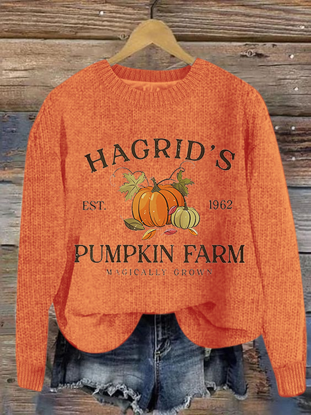 

Women's Hagrid'S Pumpkin Patch Print Loose Knitted Simple Sweater, Orange, Sweaters
