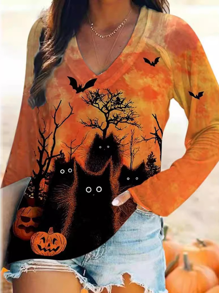 

Casual Halloween Crew Neck Long Sleeve T-shirt, Orange, T-shirts