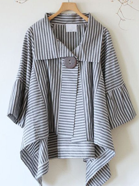 

Cotton And Linen Striped Linen Loose Shirt, Blue, Long/Full Length Sleeve