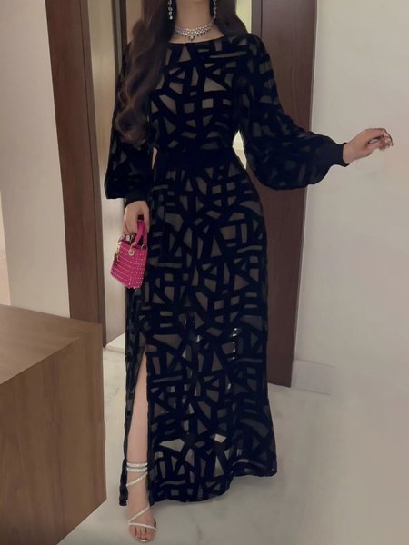 Flocked Balloon Sleeve Geometric Elegant Crew Neck Dress, Black, Maxi Dresses