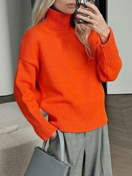 

Loose Casual Daily Turtleneck Regular Sleeve Sweater, Orange, Pullovers