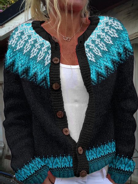 

Vintage tribal Icelandic pattern button knit sweater, Black, Cardigans