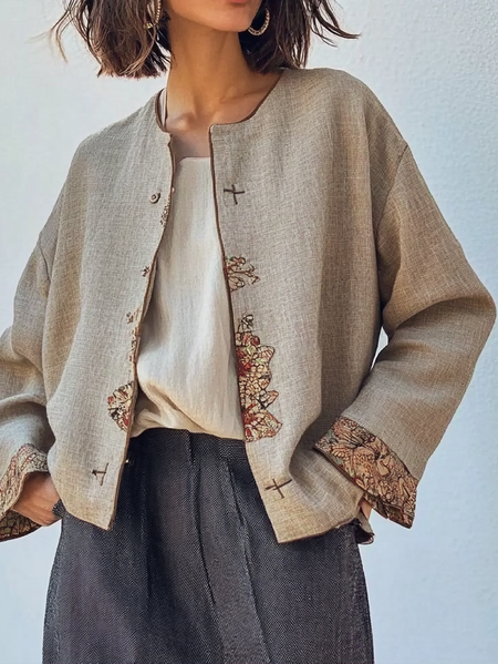 

Regular Fit Crew Neck Linen Jacket, Oatmeal, Outerwear