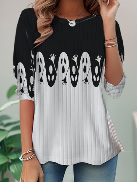 

Casual Halloween Crew Neck Long Sleeve T-shirt, Black-white, T-shirts