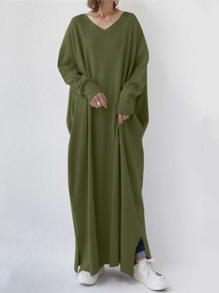 

Women Plain V Neck Long Sleeve Comfy Casual Lace Maxi Dress, Army green, Dresses