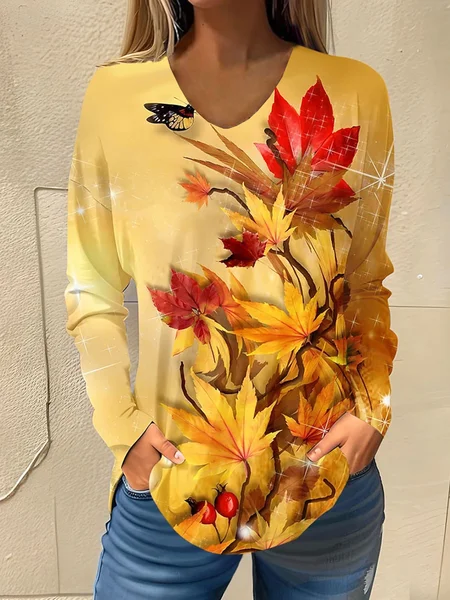 

V Neck Long Sleeve Maple Leaf Regular Micro-Elasticity Loose Blouse For Women, Light orange, T-shirts