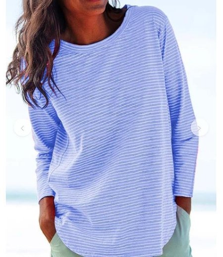 

Crew Neck Long Sleeve Striped Regular Micro-Elasticity Loose Blouse For Women, Blue, T-shirts