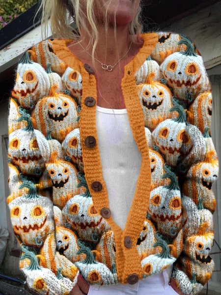 

Pumpkin Halloween button knit sweater cardigan, Orange, Cardigans