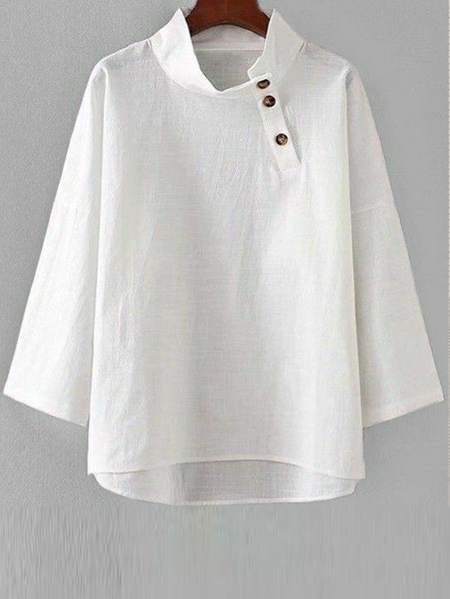 

Mock Neck Linen Loose Plain Shirt, White, Long/Full Length Sleeve