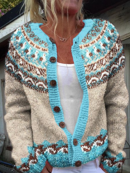 

Vintage geometric pattern knitted cardigan, Khaki, Cardigans