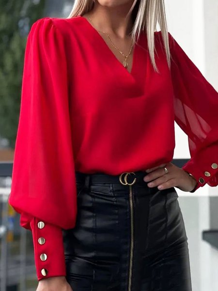 

V Neck Long Sleeve Plain Buckle Regular Loose Blouse For Women, Red, Blouses