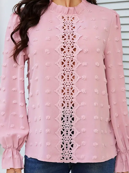 

Stand Collar Long Sleeve Plain Regular Micro-Elasticity Loose Blouse For Women, Pink, Blouses