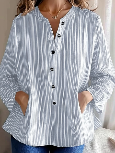 

Striped Linen Loose Crew Neck Shirt, Blue, Long/Full Length Sleeve