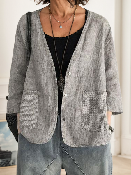 

Loose Plain Linen Linen Jacket, Gray, Outerwear