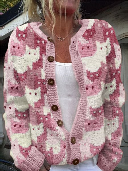 

Cute cat color block button knit cardigan, Pink, Cardigans