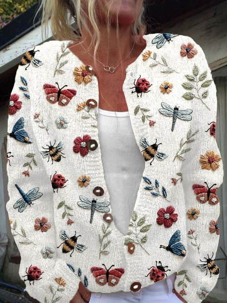 

Women's Casual Winter Plants Knitted Cardigan, White, Cardigans