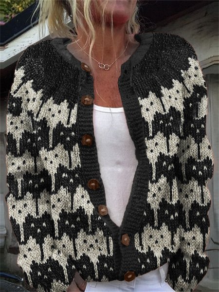 

Retro abstract cat patchwork button knit sweater, Black, Cardigans