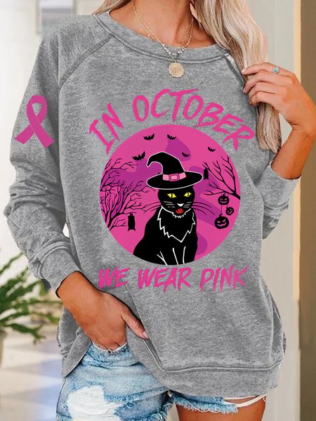 In October We Wear Pink Breast Cancer Halloween Cat Casual Sweatshirt, Light gray, Hoodies&Sweatshirts
