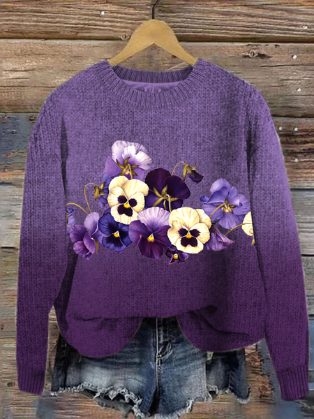 

Women's Alzheimer's Purple Floral Print Crew Neck Loose Sweater, Sweaters