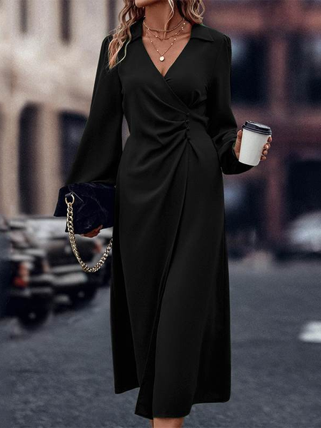 

Women Plain Shawl Collar Long Sleeve Comfy Casual Midi Dress, Black, Dresses