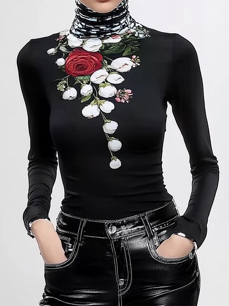 

Regular Sleeve Printing Turtleneck Floral Urban T-Shirt, Black, Tees